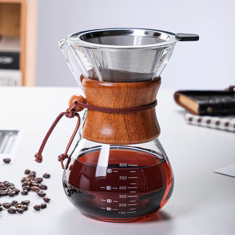 Pour over Coffee Maker 400ML 600ML 800ML Reusable Stainless Steel Permanent Filter Manual Coffee Dripper with Real Wood Sleeve