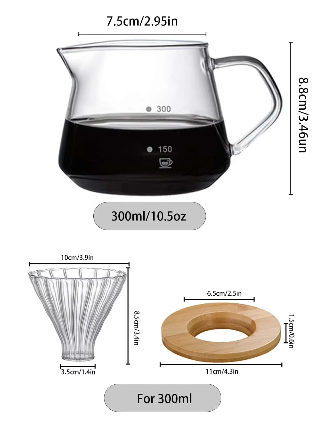 Pour over Coffee Maker Set Glass Carafe Coffee with Glass Coffee Filter Drip Coffee Maker Set for Home or Office 600Ml 300Ml