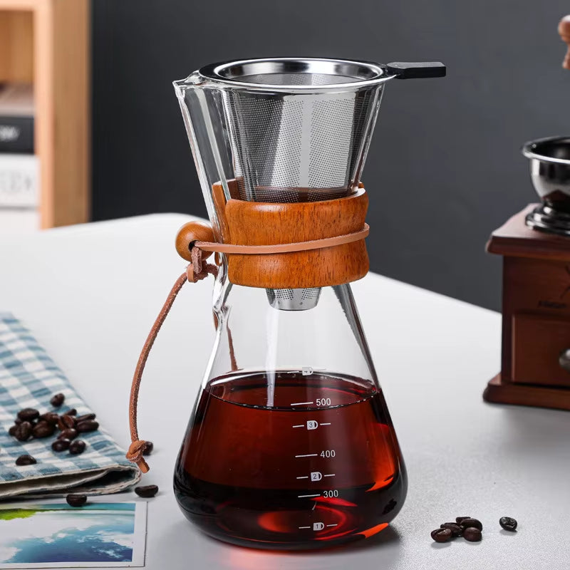 Pour over Coffee Maker 400ML 600ML 800ML Reusable Stainless Steel Permanent Filter Manual Coffee Dripper with Real Wood Sleeve