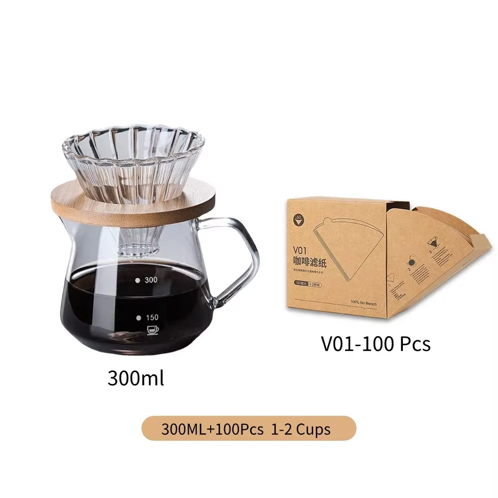 Pour over Coffee Maker Set Glass Carafe Coffee with Glass Coffee Filter Drip Coffee Maker Set for Home or Office 600Ml 300Ml